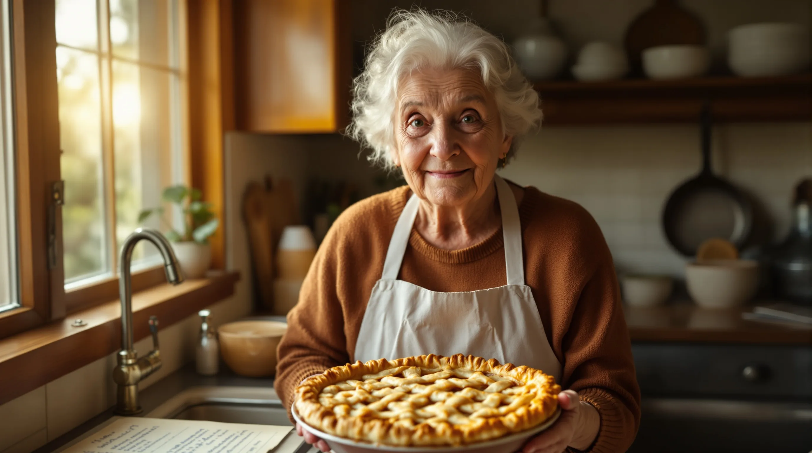 A grandmother holding her homemade lattice-top pie in a warm kitchen.