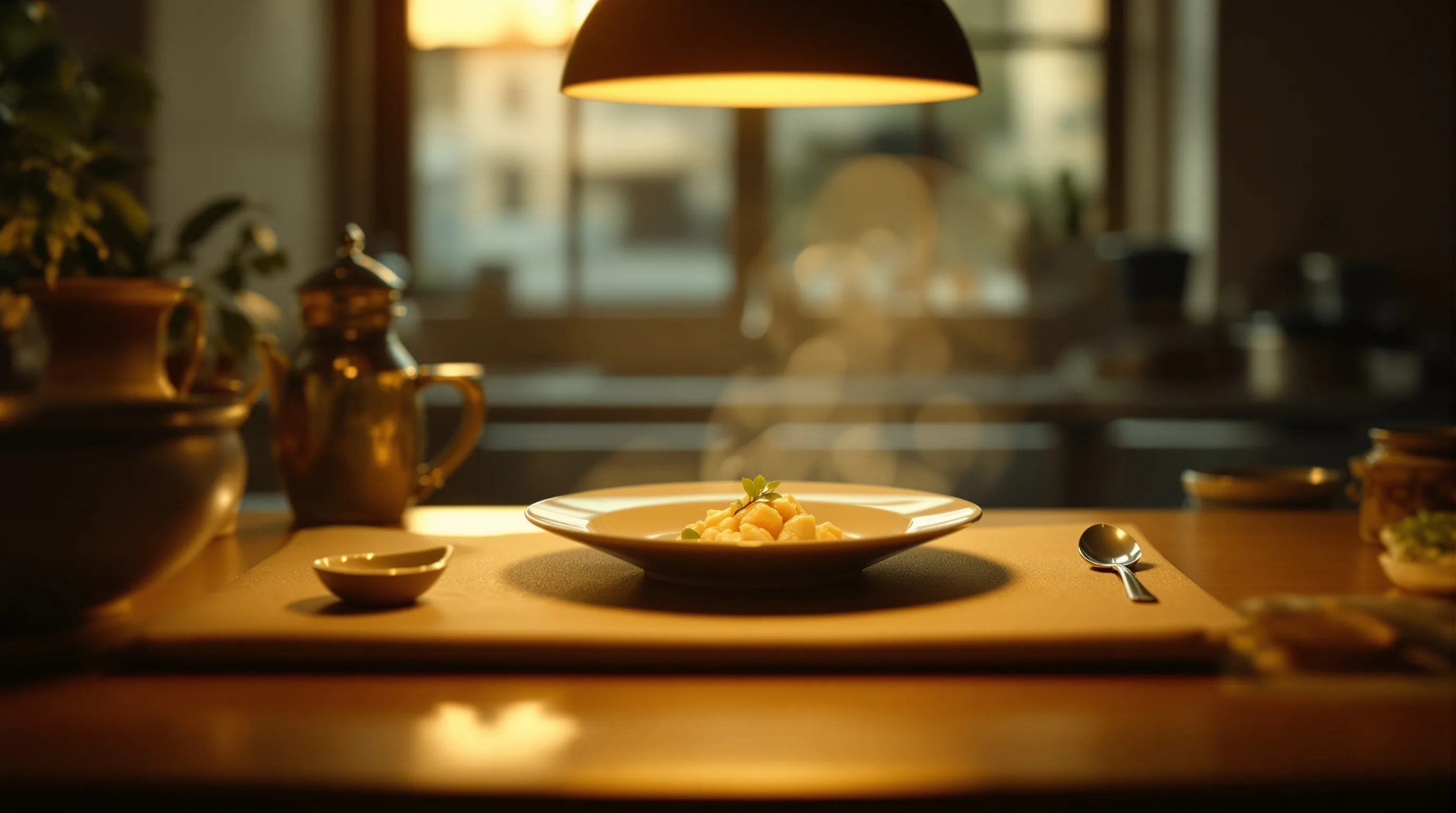 A single plated dish under the amber glow of a pendant heat lamp with a tasting spoon beside — the diagnostic moment before the recipe is revised.